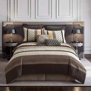 nanshing Avalon brown  Bedding Striped Pintuck 8-Piece Comforter Set Brown Queen - Picture 1 of 5