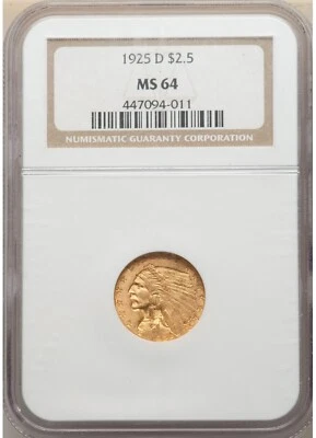 1925-D INDIAN HEAD $2.5 QUARTER EAGLE GOLD NGC MS64 - Image 1 of 4