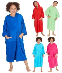 Kids Towelling Poncho Boys Girls 100% Terry Cotton Hooded Beach Cover Up Kaftan - Picture 1 of 25