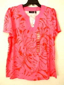 RAFAELLA XL NWT Carmine Rose Women's 100% Cotton Short Sleeve V Neck Top - Picture 1 of 5