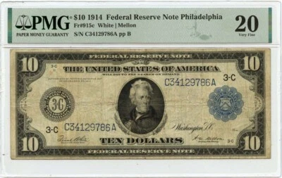 1914 $10 Federal Reserve Note Philadelphia PA Fr# 915c PMG VF20 - Image 1 of 2
