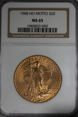1908 20.00 NGC MS65 NO MOTTO , TWENTY DOLLAR GOLD PIECE, SAINT GAUDENS - Image 1 of 2