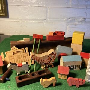 VINTAGE TOY WOODEN VILLAGE BLOCKS MADE IN WEST GERMANY MIXED LOT FOR PIECES