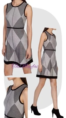 KAREN MILLEN UK 8/10 EU46/38 US 4/6 Grey Black BLOCK Argyle Fine Knit Mini Dress - Image 1 of 4