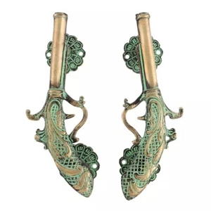 Set of 2 Antique Look Brass Pistol Gun Decorative Patina Look Door Handles - Picture 1 of 4