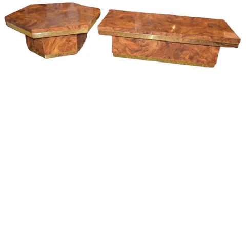 Mid Century Milo Baughman  Burled Walnut, Brass Coffee Table Set, Hexagon Table Cover