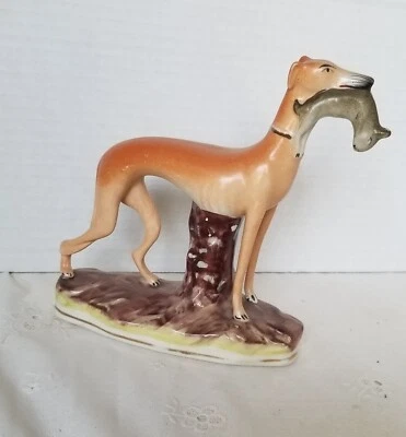 "Raro galgos ingleses antiguos de Staffordshire con conejo perro de manto de 5,75""" Foto 1 de 4