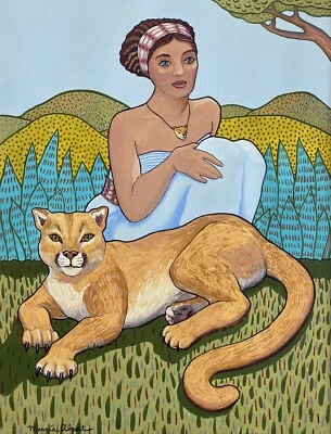Marcia Alpert De Colección Retrato Femenino Ingenuo Vida Silvestre Puma Gato Paisaje Pintura Foto 1 de 4