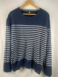 Pretty Green Jumper Mens XL Navy Striped Knit Crew Neck Ribbed Hem Pullover - Picture 1 of 19