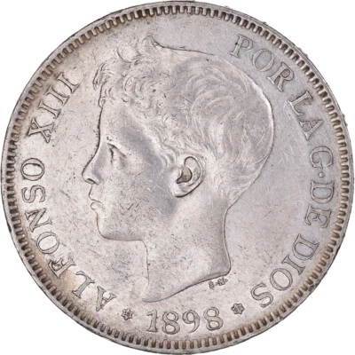 [#847152] Coin, Spain, Alfonso XIII, 5 Pesetas, 1898, Madrid, AU(50-53), Silver, - Image 1 of 2