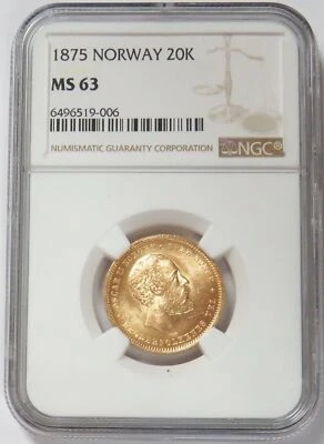 1875 GOLD NORWAY 20 KRONER (5 SPECIEDALER) OSCAR II COIN NGC MINT STATE 63 - Image 1 of 2