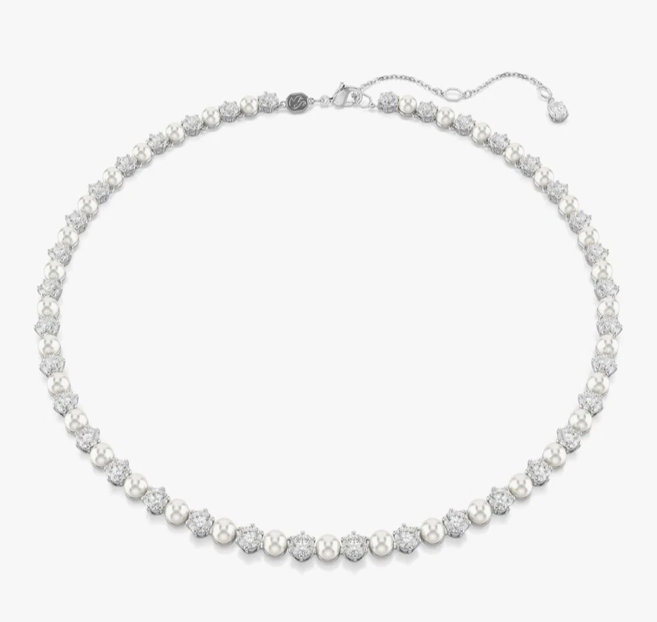 NWB Swarovski Matrix Tennis Necklace Crystal Pearl Rhodium Plated-5689623