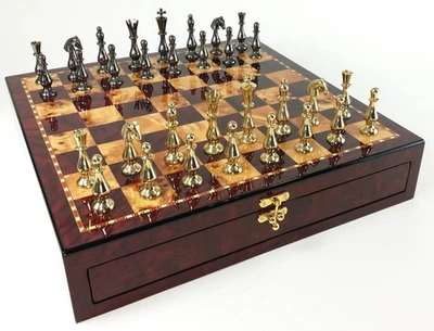 BRASS METAL Spike Qn Staunton Chess Set Gold & Black Cherry Color Storage Board - Image 1 of 4