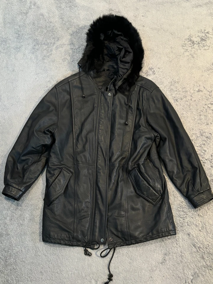 Jaqueta de couro pesada Field Gear feminina pequena preta com capuz acabamento de pele sintética casaco - Imagem 1 de 4