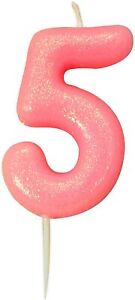 Age 5 Birthday Glitter Numeral Pick Candle Pink with Holders