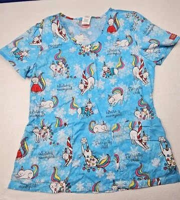 Blusa Médica Dickies Azul Cool Caticorn Para Mujer Med Pit To Pit 18 pulgadas Bolsillos con Cuello en V  Foto 1 de 4