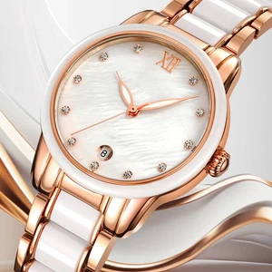 Luxury Women Ceramic Quartz Watch Rhinestone Decoration Date Functionality Rose - Picture 1 of 22