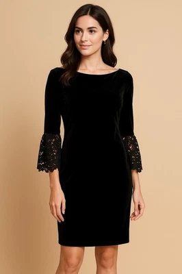 Женское черное бархатное платье Ivanka Trump — футляр с кружевными рукавами-раструбами, размер M - Изображение 1 из 4