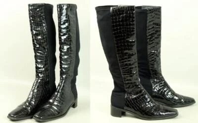 STUART WEITZMAN Black Alligator Patent Leather Block Heel Knee High Boots 7.5 - Image 1 of 4