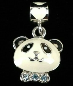 Sterling Silver Blue Aquamarine CZ European Slide Panda Bear Charm Bead Pendant - Picture 1 of 6