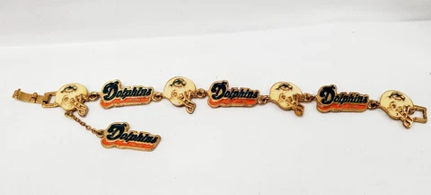 MIAMI DOLPHINS Gold 3D Helmet 8 Charms Bracelet  NFL Licensed Jewelry 7 inch Cover