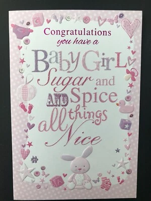 Tarjeta de nacimiento bebé niña, bebé nuevo, azúcar y especias, conejo, en relieve, 20 x 14cm Foto 1 de 3