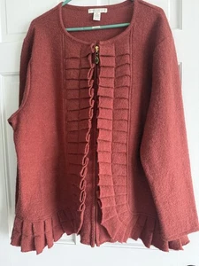 Vintage SARAH SPENCER 100% Boiled Wool Sweater Cardigan Ruffle 2X Rust Color - Picture 1 of 17