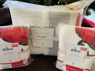 Edredón Completo/Reina Pottery Barn Niños Adolescentes El Grinch 2 Euro Shams Navidad Nuevo Foto 1 de 4