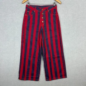 Lazy Oaf Jeans Womens 26 Red Blue Striped Denim Button Fly Wide Leg Baggy Loose - Picture 1 of 9