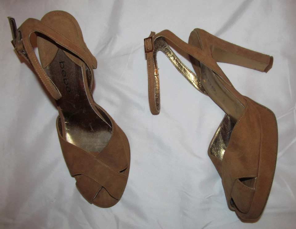 BEBE zapatos de tacón alto correa de tobillo de cuero marrón beige gamuza muy suave 10 Foto 1 de 1