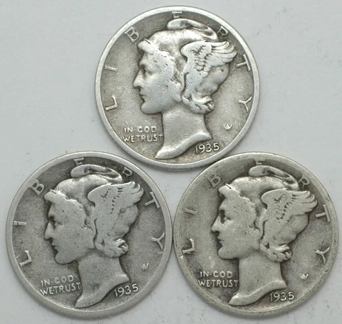 1935-P-D-S Winged Liberty Mercury Silver dime mint year set of 3 coins Cover