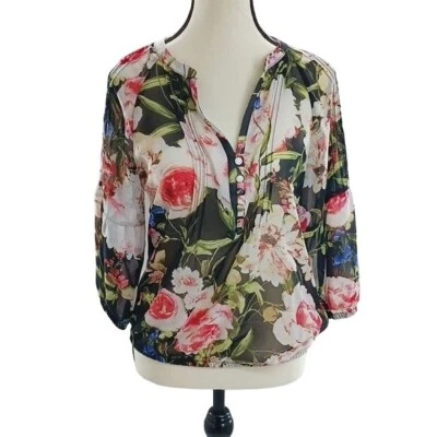 New York & Company Blouse Black Pink Floral Sheer V Neck Womens Size XS - Image 1 of 4
