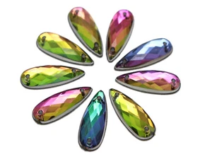 100 cuentas de estrás largas de acrílico Rainbow AB 8x22 mm con respaldo plano para coser lágrima - Imagen 1 de 4