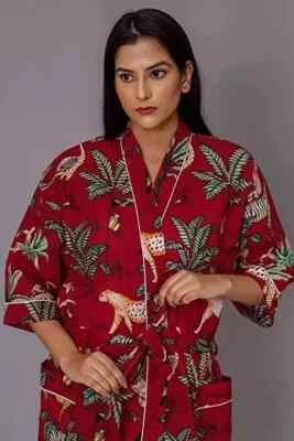 Maxi bata de baño kimono de algodón indio con estampado de animales hecha a mano kimono de noche Foto 1 de 4