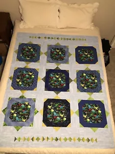 Dinosaur Quilt TOP- Twin Child 52”x64” Blue Multi Handmade In America - Picture 1 of 6