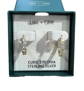 Lake + Gray Cubic Zirconia Sterling Silver Hoop Earrings New - Picture 1 of 4