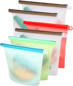 Reusable Silicone Food Storage Bags Leakproof Airtight 6 Pcs 2 Sizes Ziplock - Picture 1 of 8