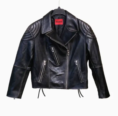 HUGO BOSS Women Biker Leather Jacket Asymmetric Zip - Size S - Image 1 of 4