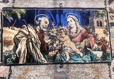 Vintage Velvety Tapestry Holy Family Mary Baby Jesus Joseph Rug Wall Hanging - Image 1 of 4