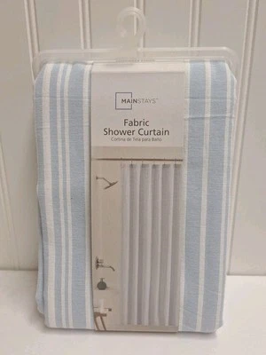 "Cortina de ducha de tela Mainstays, rayas cambray azul y blanco, 72"" x 72""" Foto 1 de 3