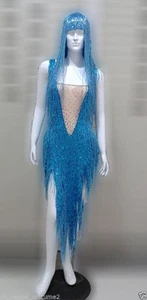 DaNeeNa M535Z Cher Vegas Burlesque Bugle Beaded Leotard Bodysuit with Wig XS-XL - Picture 1 of 8