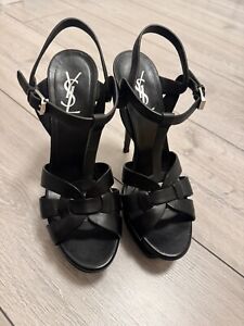 YSL (Yves Saint Laurent) Black Tribute 105 Leather Heeled Sandal Size UK 5 EU38