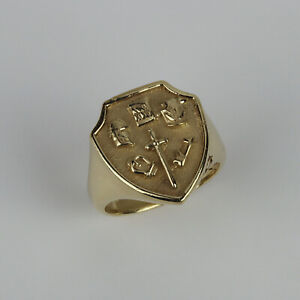 Crowned 14k Yellow Gold Mens Family Crest Shield Ring Size 8.5