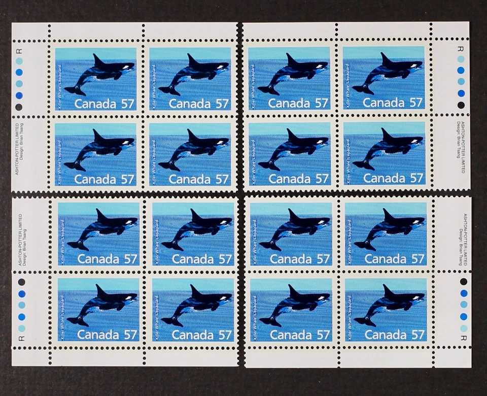 CANADA 1988 #1173, 57c Killer Whale, Matched Plate Blocks, "R" paper, Mint NH - Image 1 of 1