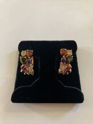 Lab-Created Multi-Stone Cluster 18k GP Leverback Hoop Earrings - Image 1 of 4