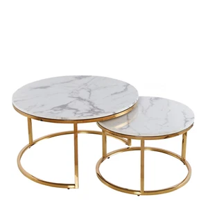 Redondo Mesita Baja Set Oro Blanco Acero Inox. Mármol Mesa de Salón 2 Unidad - Imagen 1 de 3