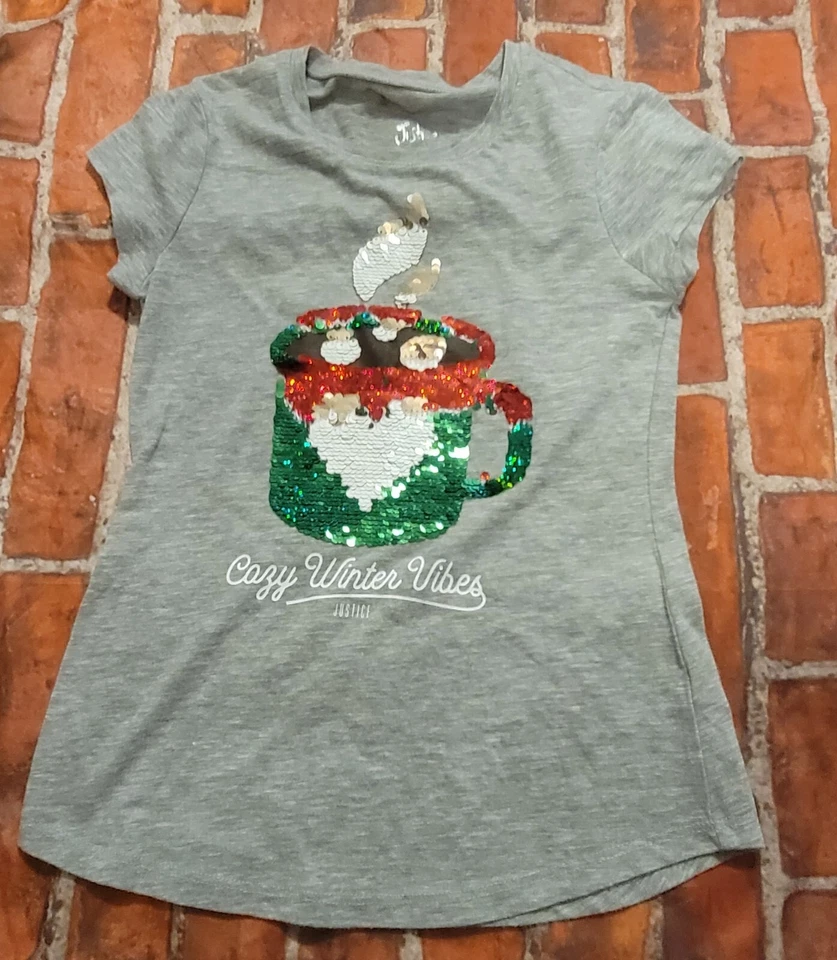 Justice Girls Flip Sequin Christmas Shirt Sz 6/7 6 7 Hot Chocolate - Image 1 of 1