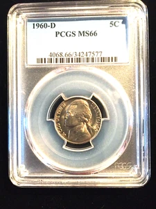 1960-D Jefferson Nickel PCGS Graded MS66 Bright White Pop 176 only 2 Higher! - Picture 1 of 4