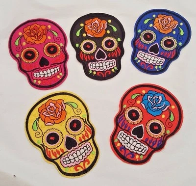 SUGAR SKULL IRON ON PATCHES SET OF 5  BLUE RED YELLOW PINK BLACK 3.5" BY 2.75"  - Image 1 of 3