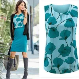 CAbi #3268 Blue Poppy Floral Print Sleeveless Top Tank Keyhole Size Small - Picture 1 of 4